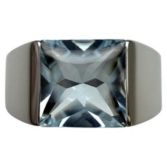 Large Size Cartier Blue Aquamarine Square Cushion Cut 18k White Gold Tank Ring