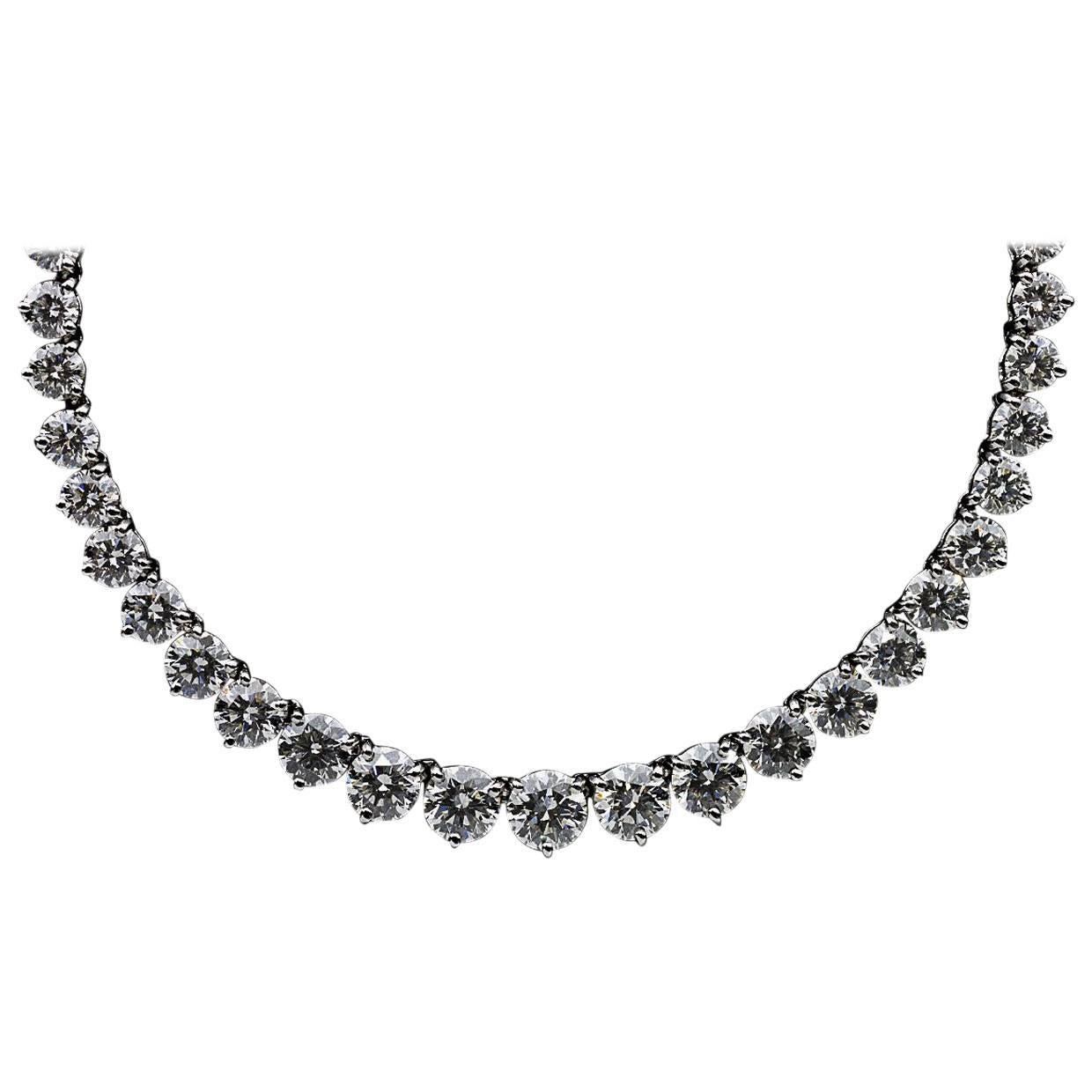 Platinum 21 Carat Round Diamond Graduated Riviera Tennis Necklace