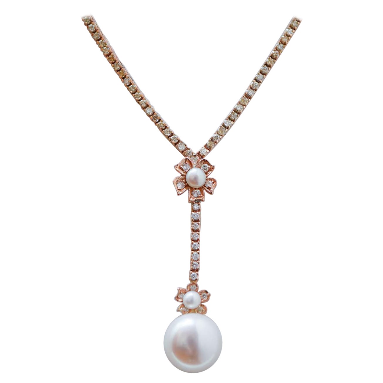 Pearls, Diamonds, Rose Gold Tennis Necklace.