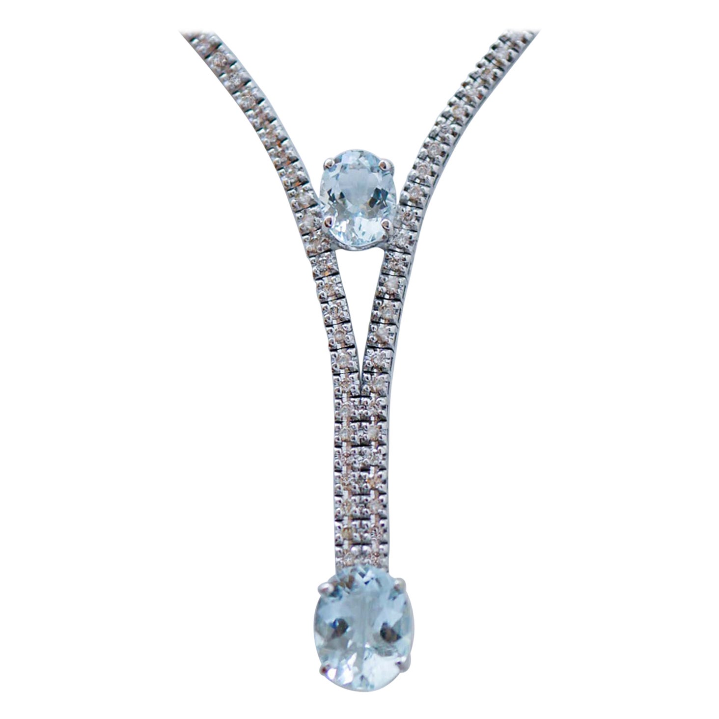 Aquamarine, Diamonds, 14 Karat White Gold Tennis Necklace.