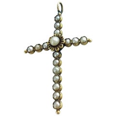 1900s Natural Pearl and Gold Cross Pendant
