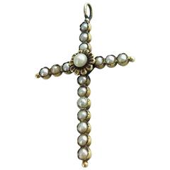 1900s Natural Pearl and Gold Cross Pendant 5
