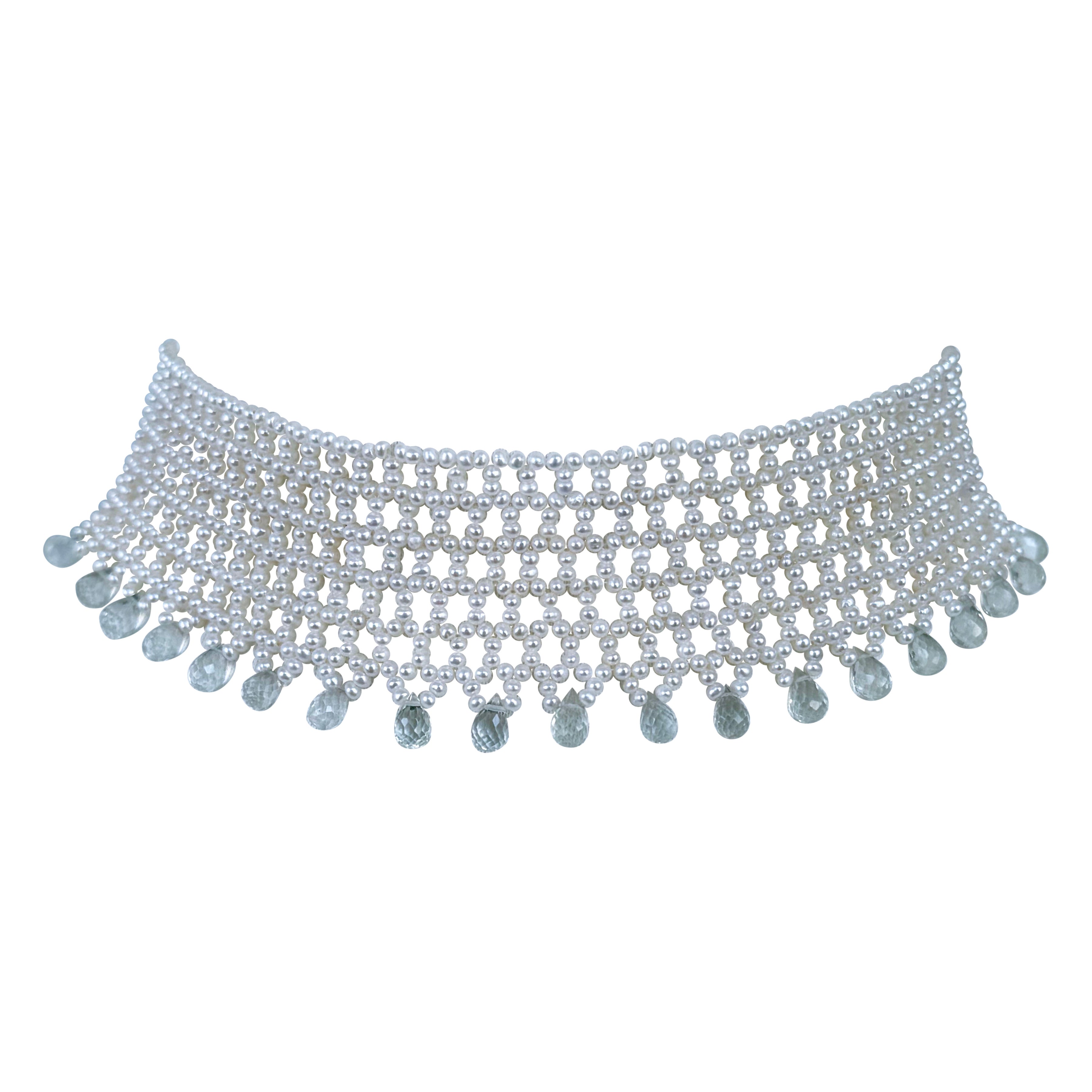 Marina J. Lace Woven Choker with Aquamarine Briolettes and Sliding Clasp