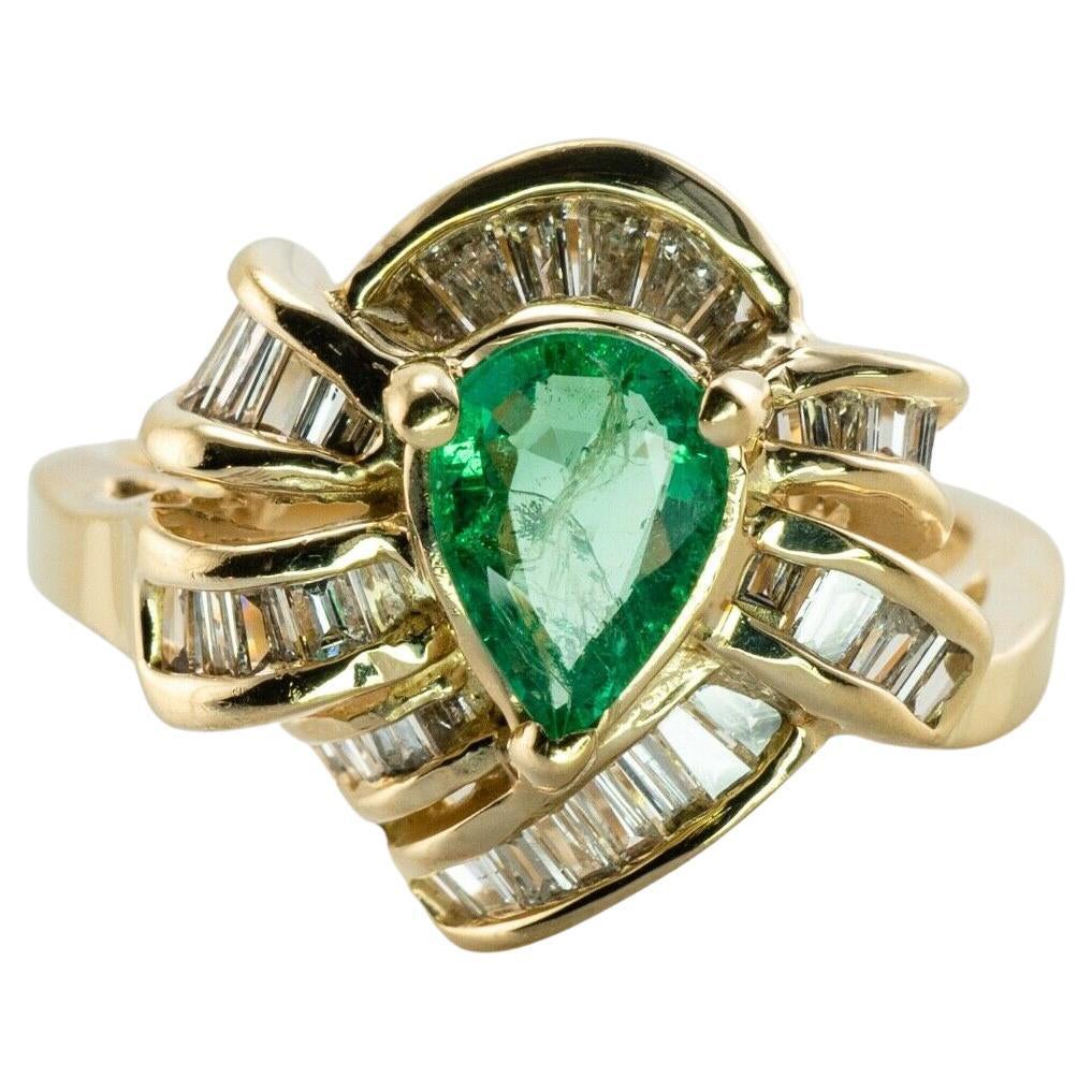 Natural Diamond Emerald Ring 14K Gold Pear cut Pear cut