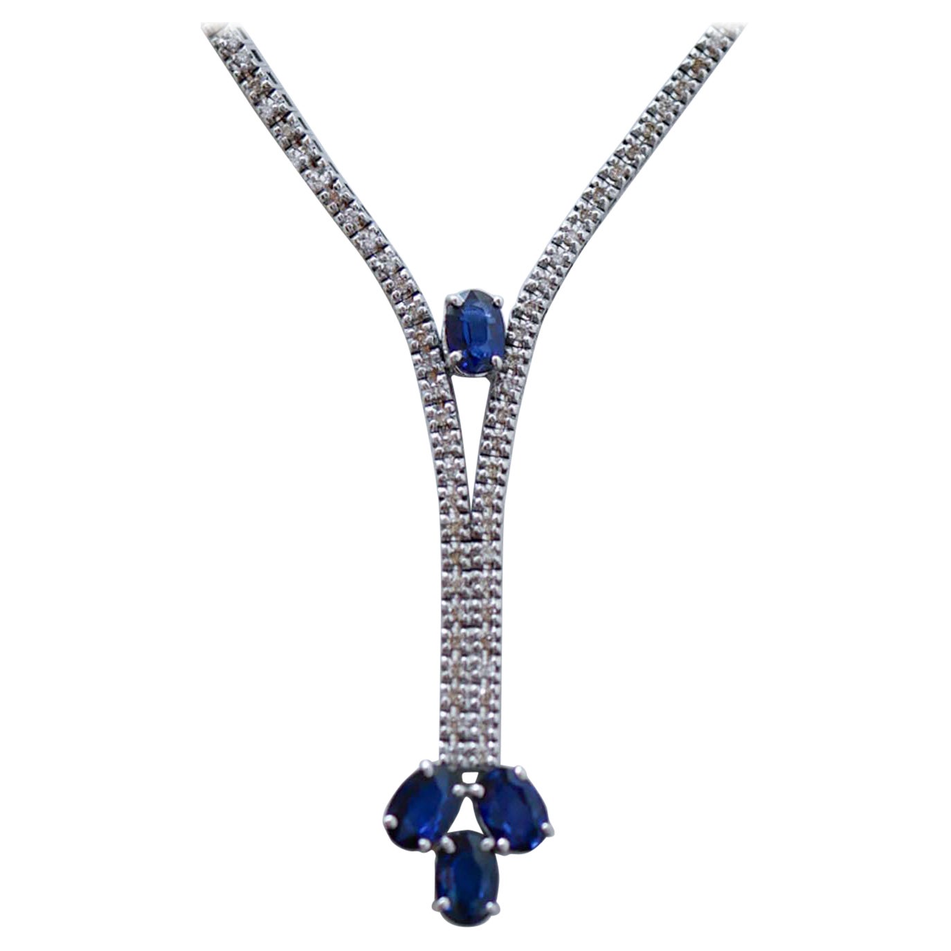Sapphires, Diamonds, 14 Karat White Gold Tennis Necklace.