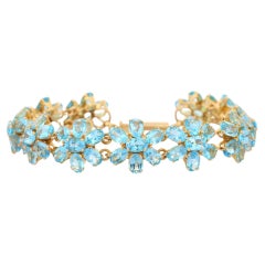 Bracelet Art Nouveau en or jaune massif 18k avec fleur de topaze bleue 38.1 CTW