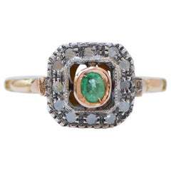 Émeraude, diamants, bague en or rose 14 carats et en argent.