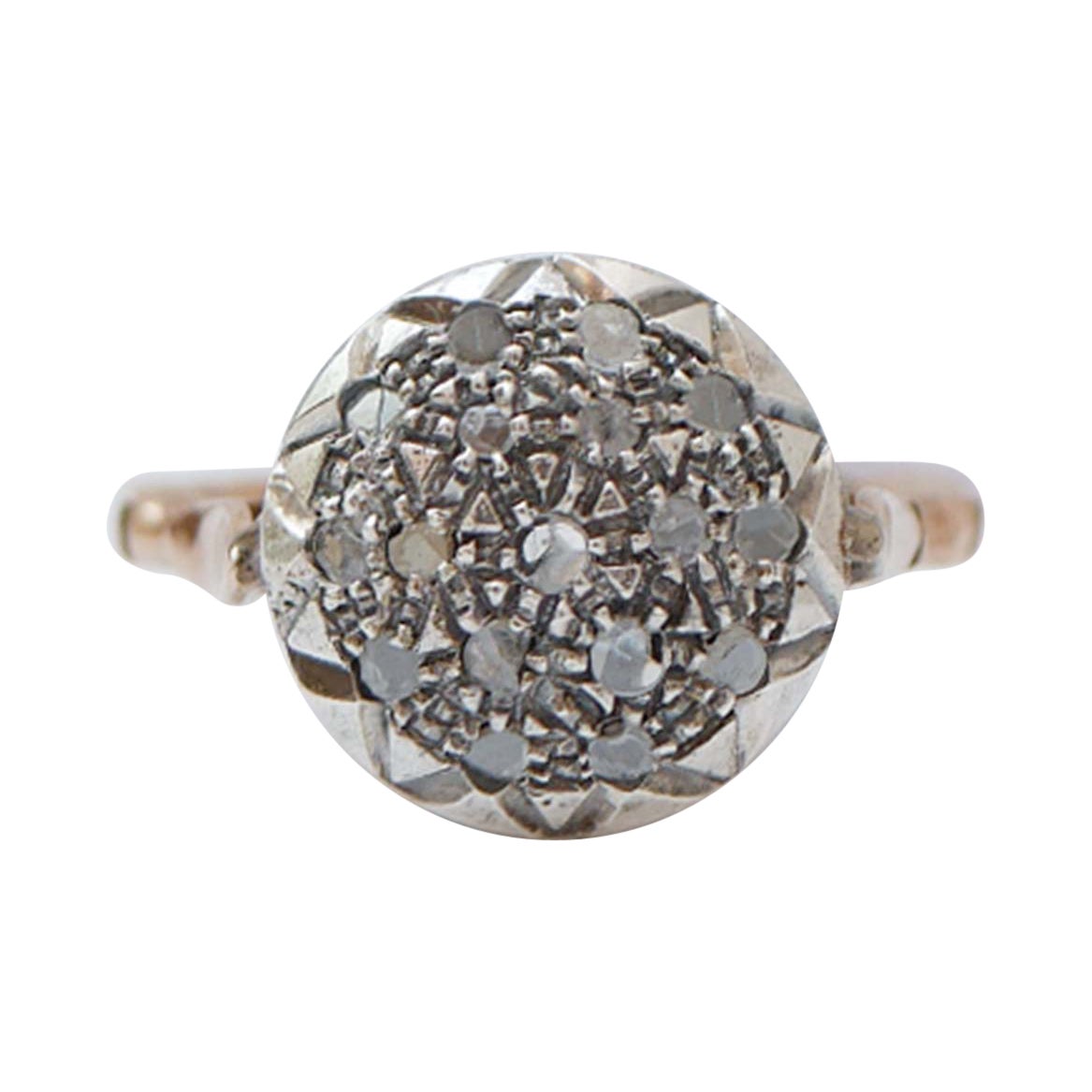 Diamonds, 14 Karat Rose Gold and Silver Retrò Ring.