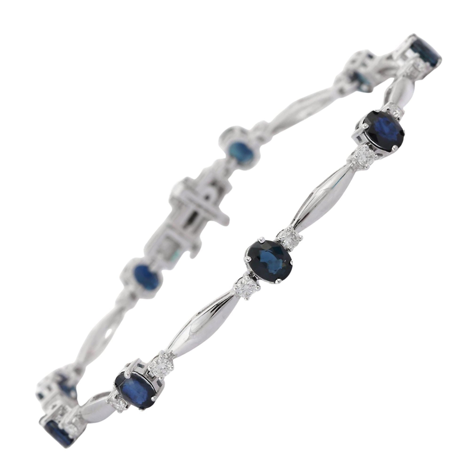 18K Solid White Gold Blue Sapphire Diamond Bracelet