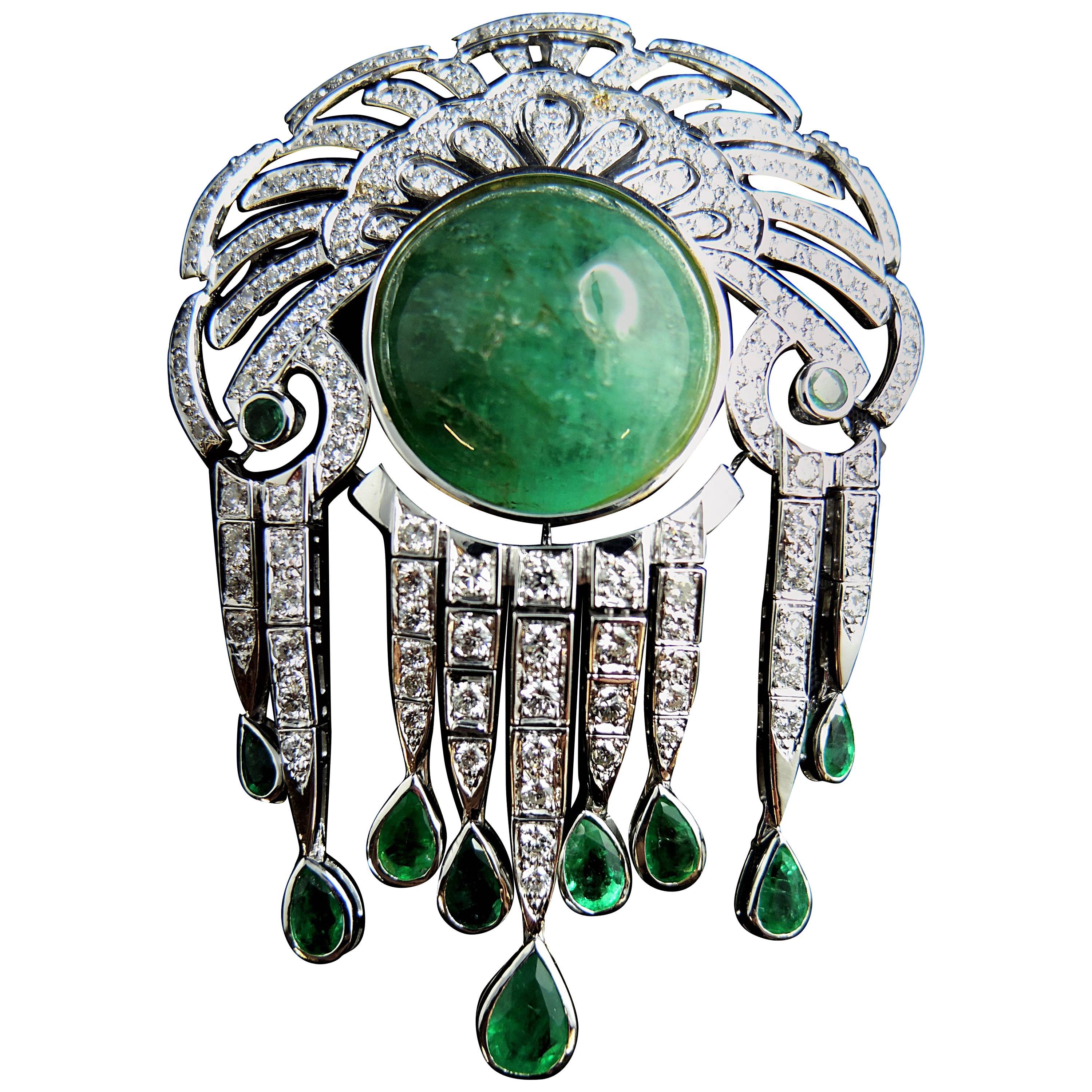 French Emerald Diamond Brooch and Pendant