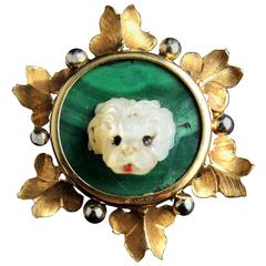 Mother-of-Pearl Malachite Yellow Gold Dog Brooch Pendant circa 1950