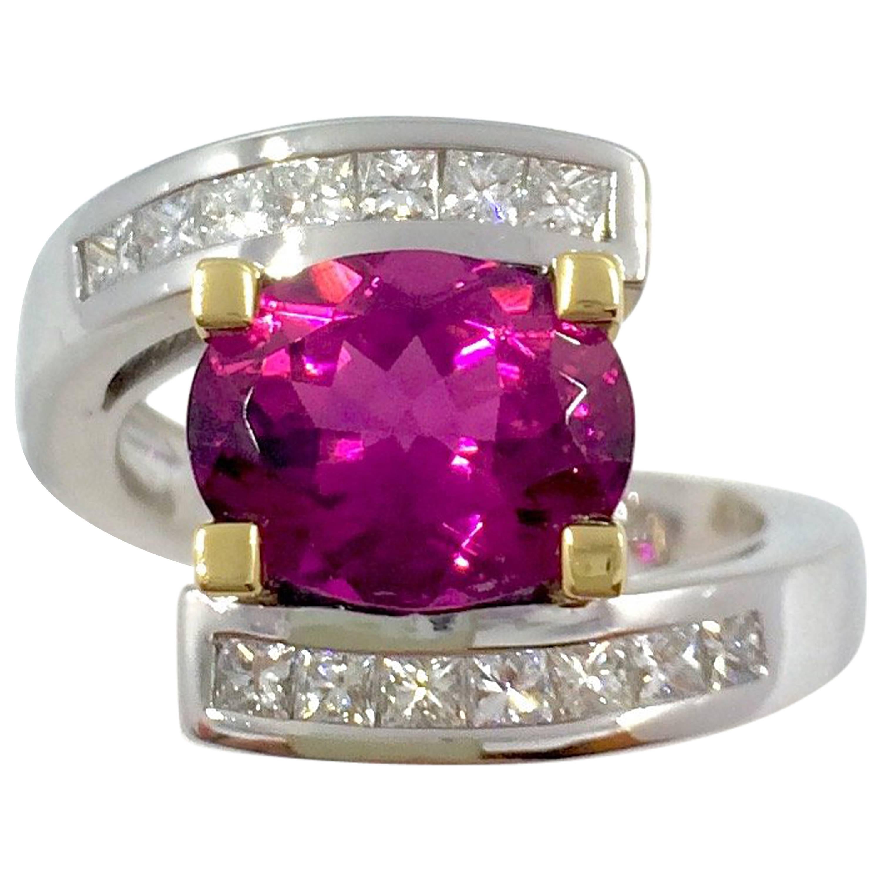 Pink Tourmaline Diamonds White and Yellow Gold Ring For Sale