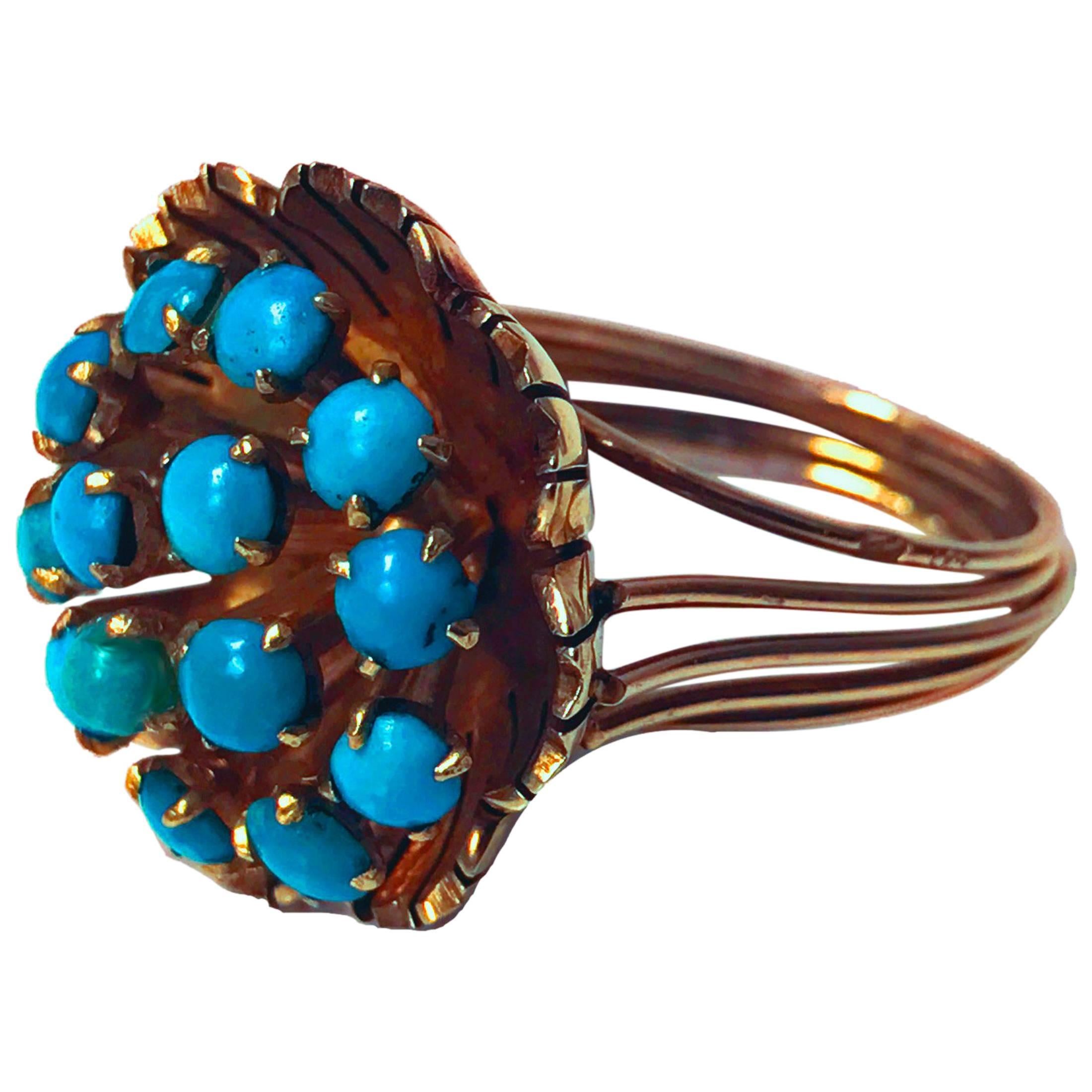 1960s Turquoise Cluster Gold Butter Cup Design Ring
