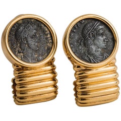 Ancient Roman Coin Ribbed Yellow Gold Earrings