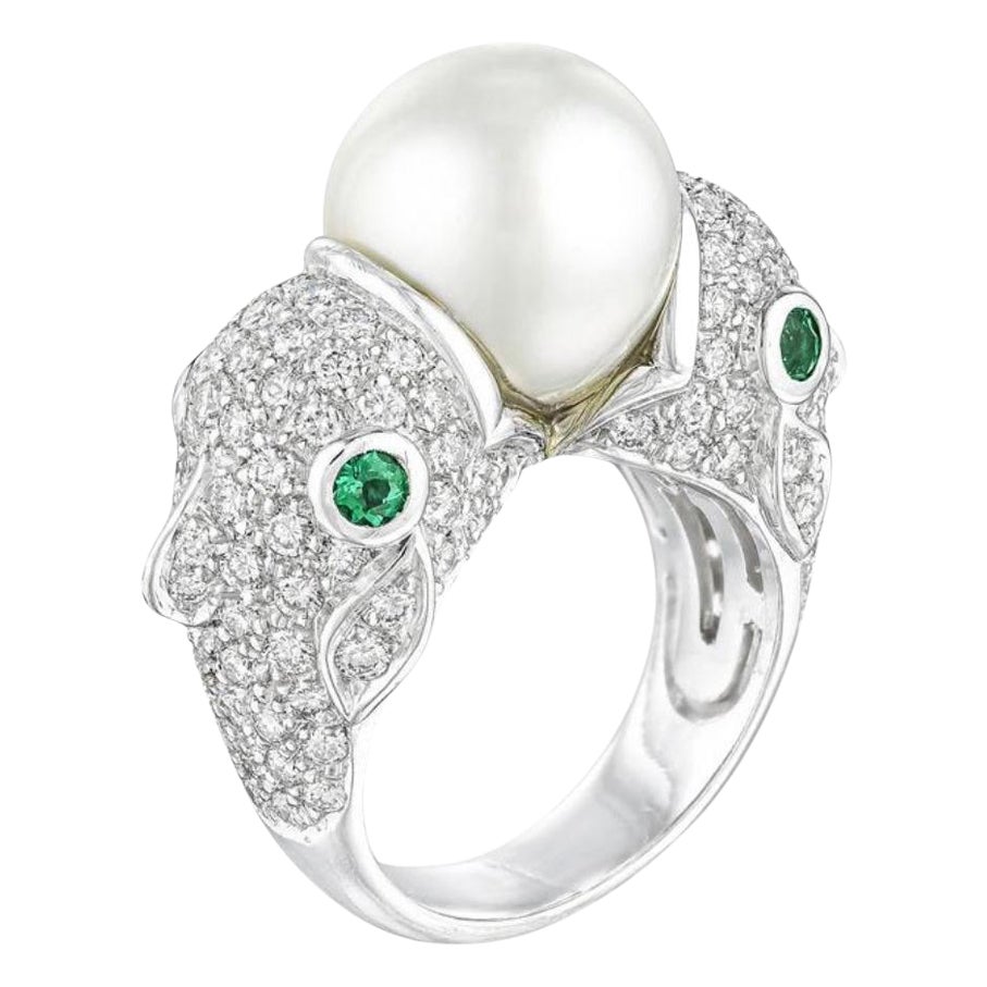 Ella Gafter Pisces Diamond Pearl Emerald Zodiac Ring in 18K Ring For Sale