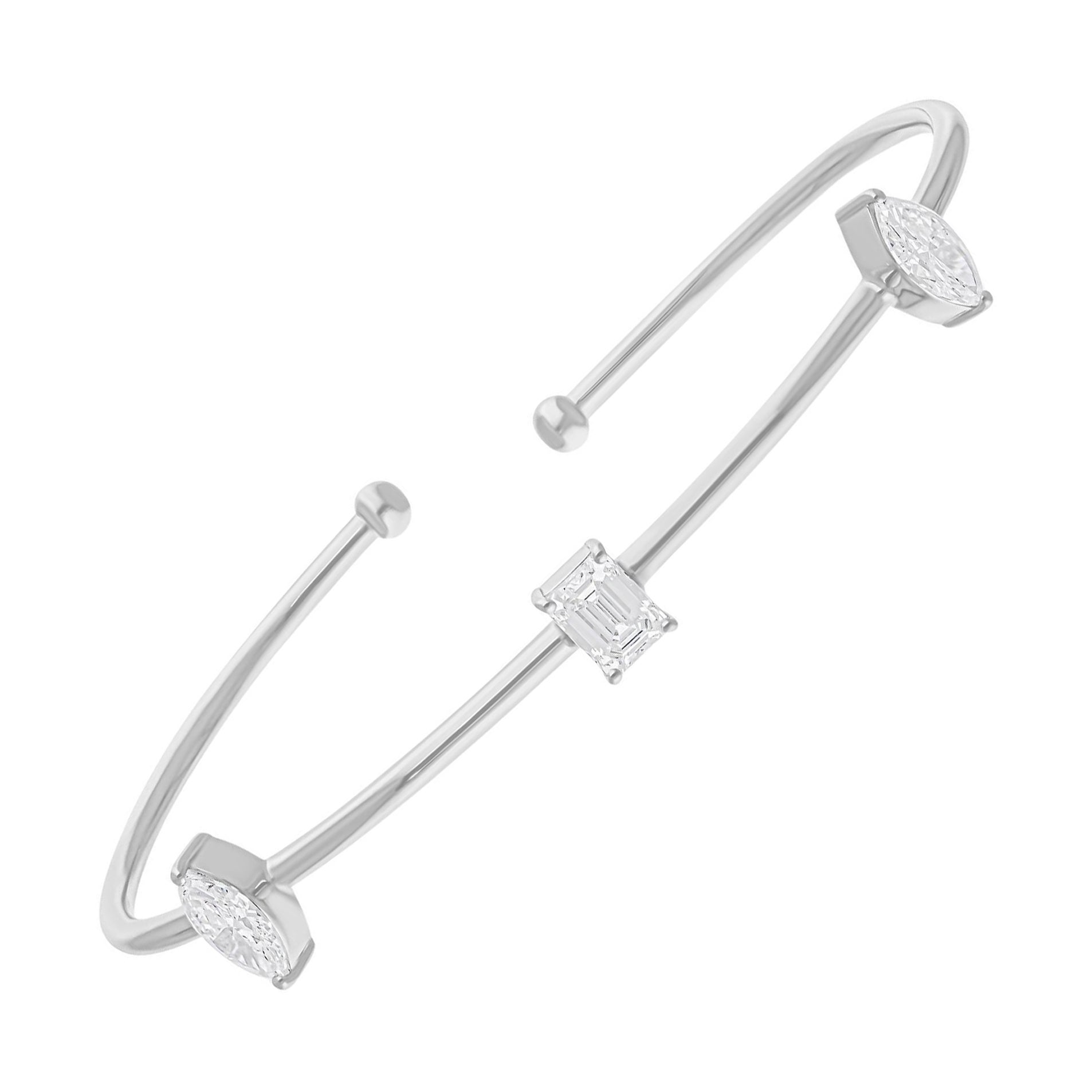 1.39 Carat SI/H Marquise Emerald Cut Diamond Cuff Bangle Bracelet 14k White Gold For Sale