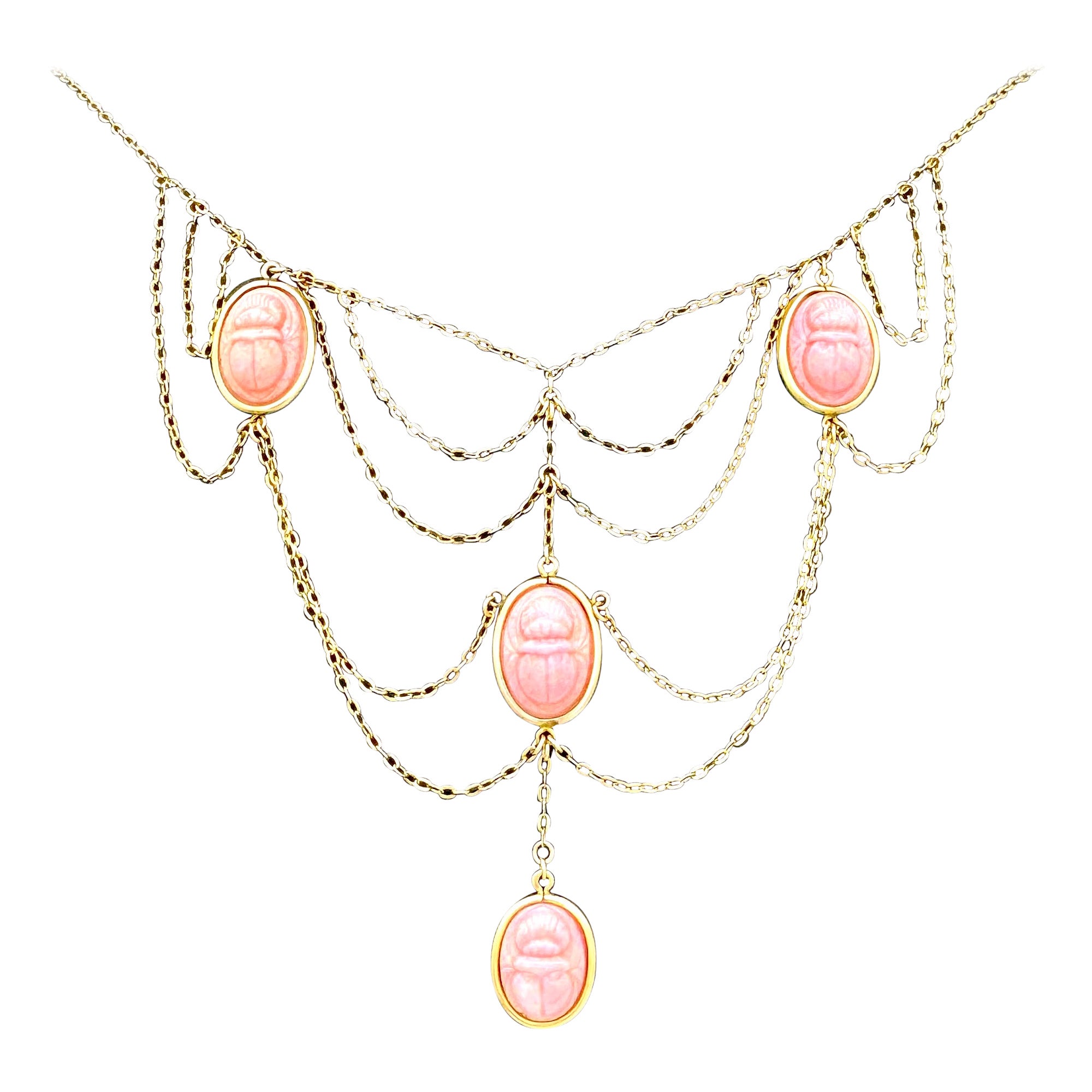Antiguo collar festón escarabajo de renacimiento egipcio Cristal rosa Metal dorado