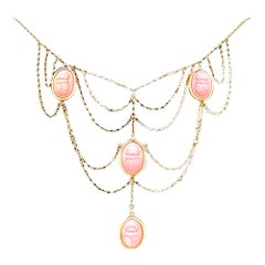 Antique Egyptian Revival Scarab Festoon Necklace Pink Glass Gilt Metal