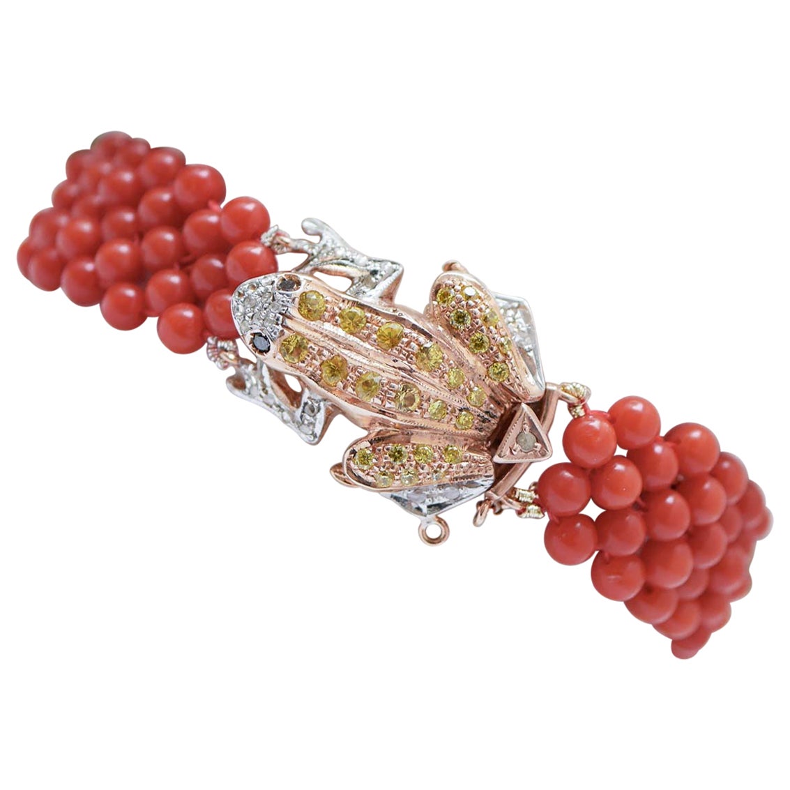 Frosch-Armband aus Koralle, Diamanten, Steinen, Roségold und Silber.