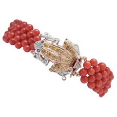 Coral, Diamonds, Stones, Rose Gold and Silver Frog Bracelet.