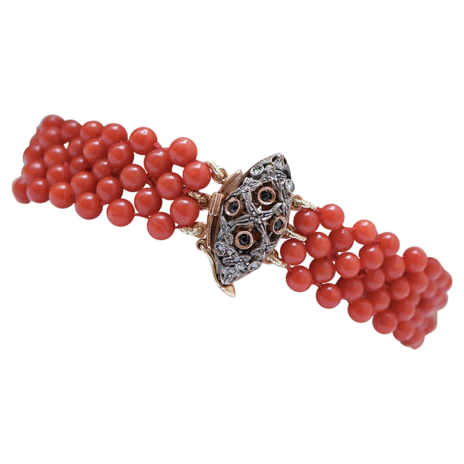 Coral, Sapphires , Diamonds, 14 Karat Rose Gold and Silver Bracelet.