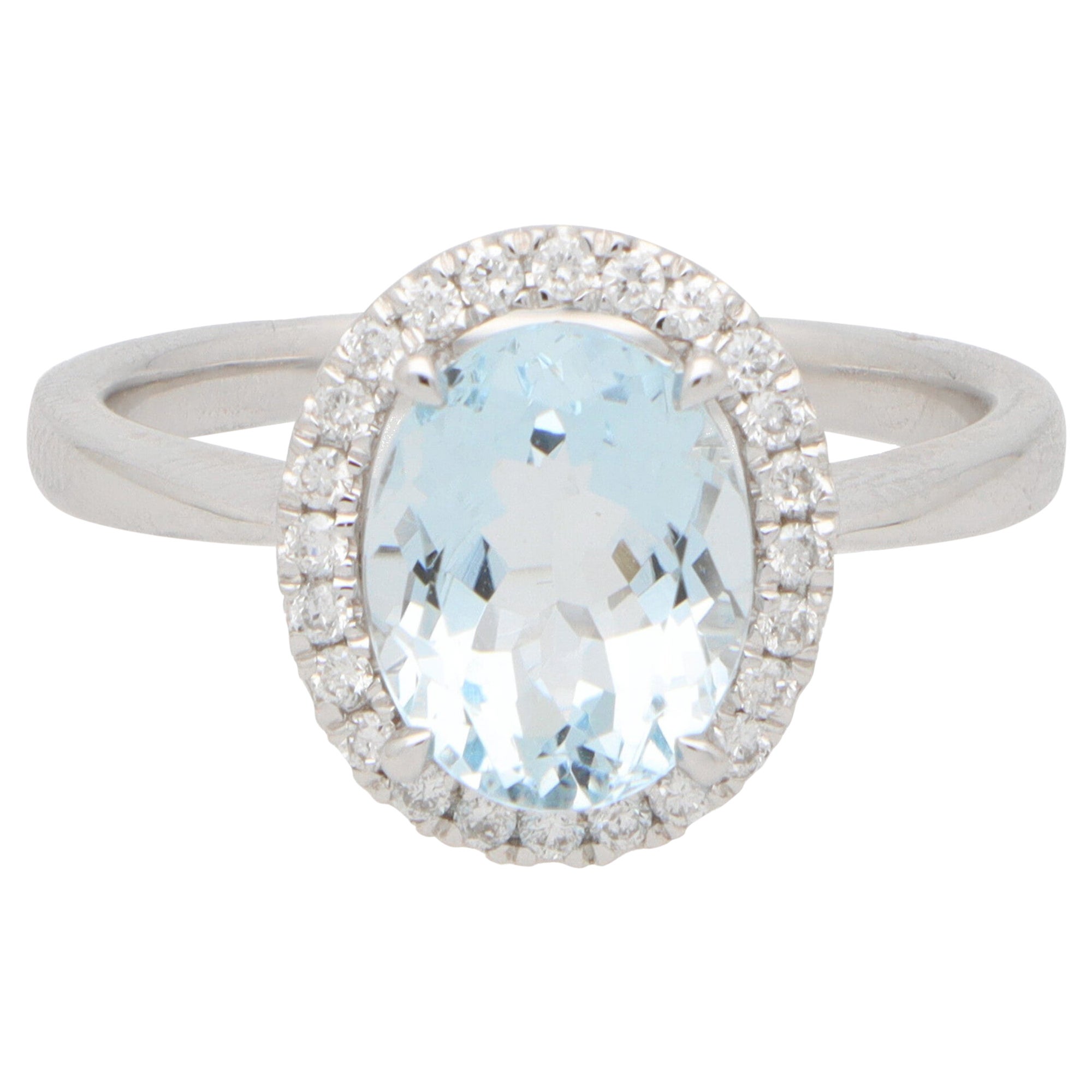 Vintage Aquamarine and Diamond Halo Cluster Ring in White Gold