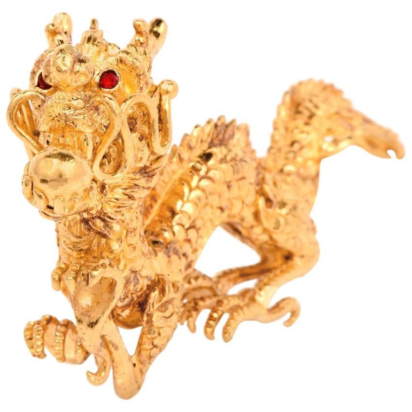 1970s Chinese Garnet Yellow Gold Dragon Figurine 