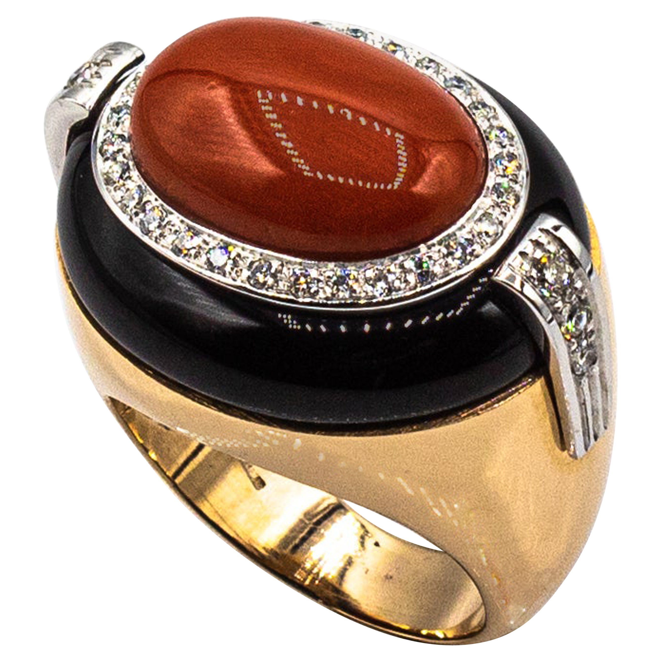 Art Deco Style White Diamond Mediterranean Coral Onyx Yellow Gold Cocktail Ring