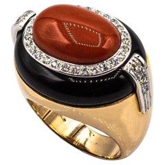 Art Deco Style White Diamond Mediterranean Coral Onyx Yellow Gold Cocktail Ring