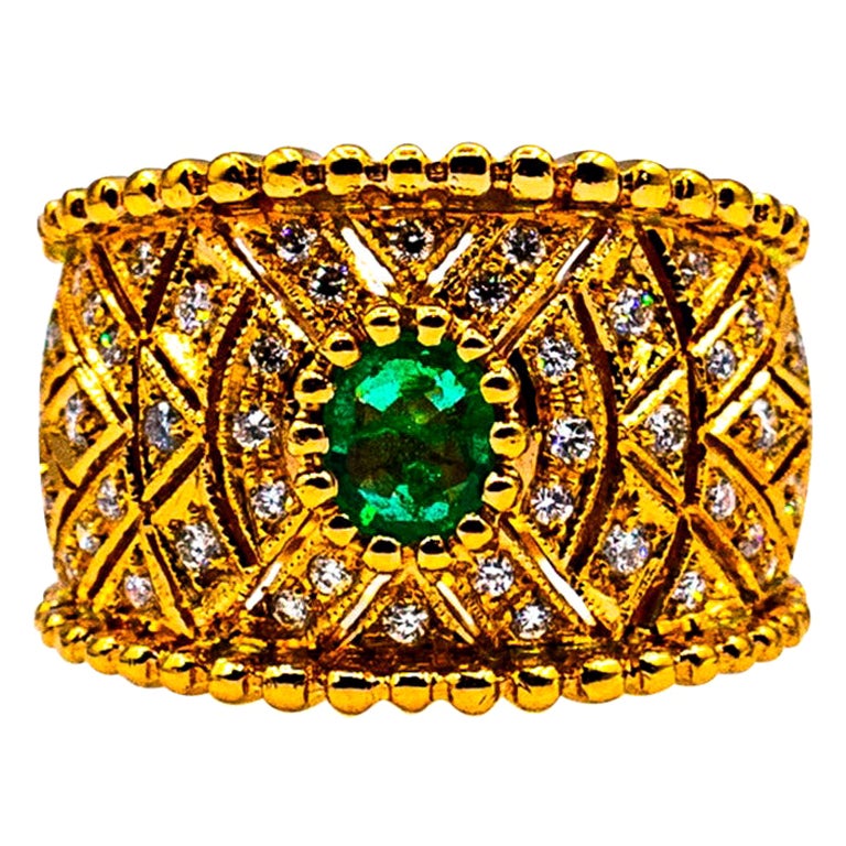 Art Deco Style Oval Cut Emerald White Diamond Yellow Gold Cocktail Ring
