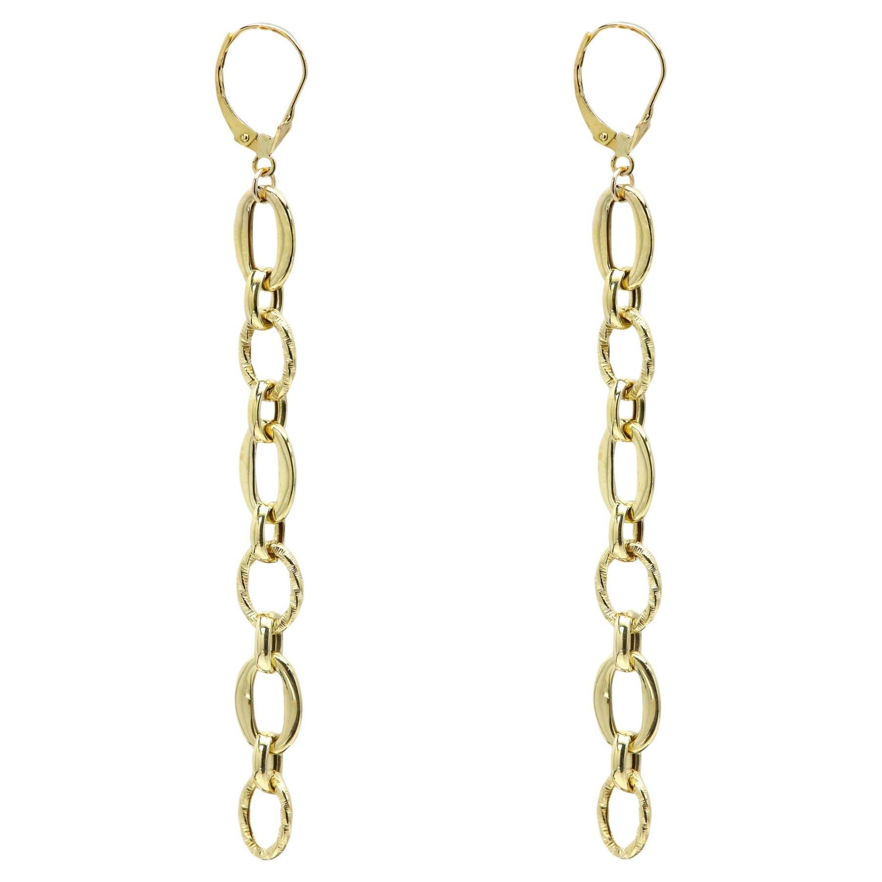 Gold Dangle Earrings 3' inch long 14 Karat Artistic Design Dangling Earring For Sale