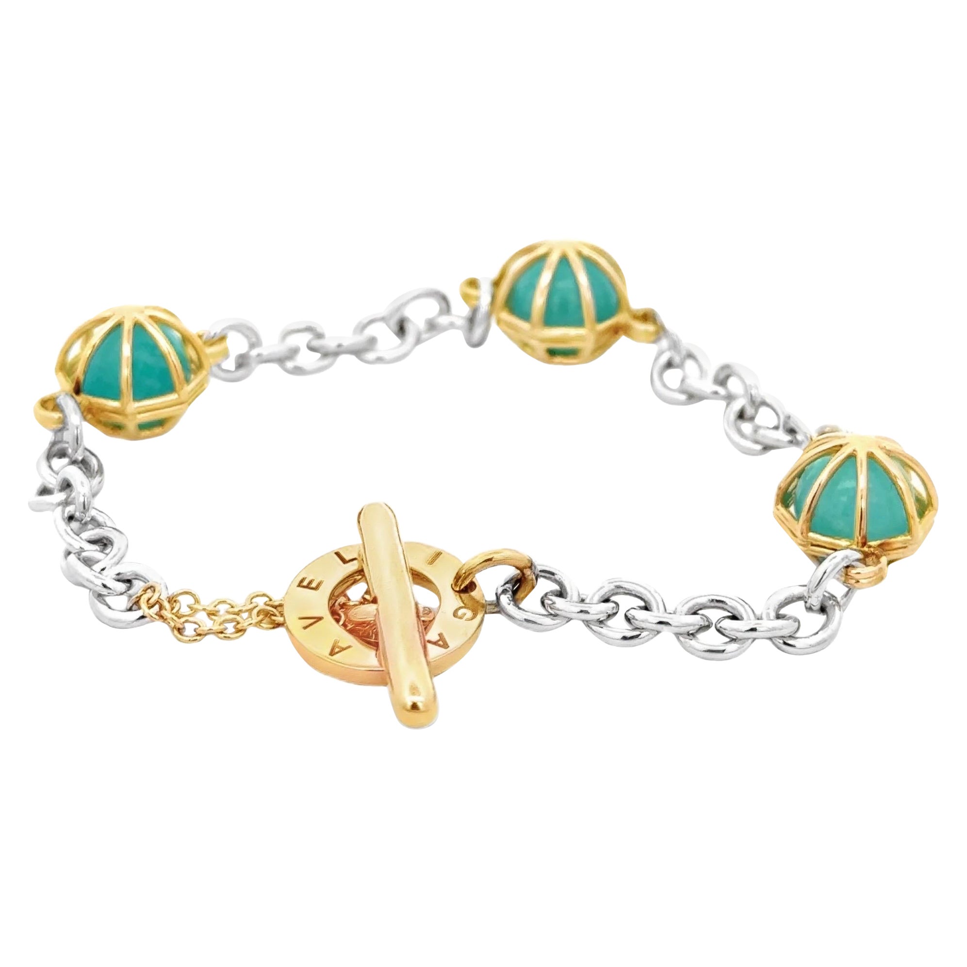 18KT Kettenarmband aus Gelbgold und Silber mit Praseolite  Sphären im Angebot