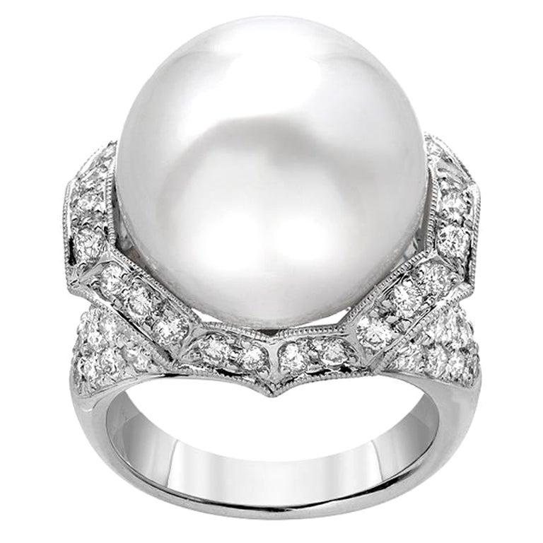 Anillo de oro con diamantes y perlas del Mar del Sur de 15,5 mm