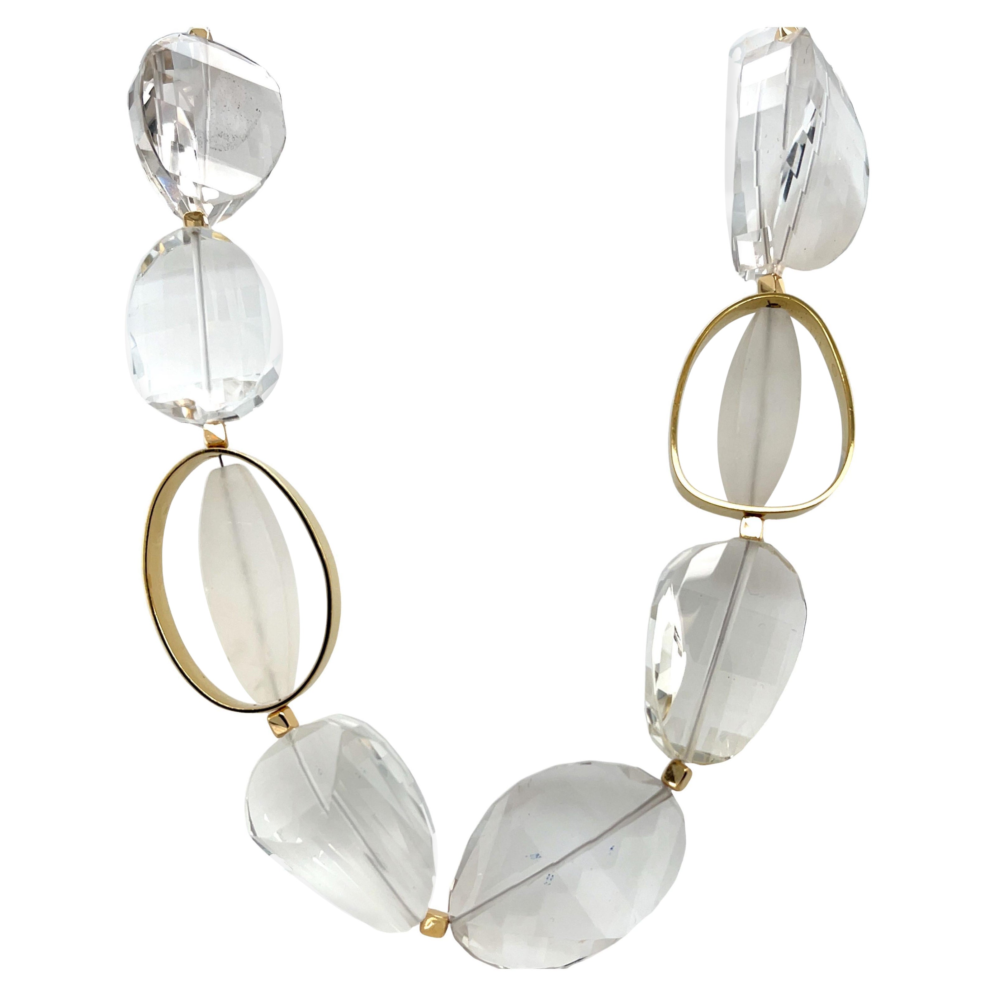 Hand Carved Rock Crystal Quartz Bead Necklace with 18k Yellow Gold Accents
