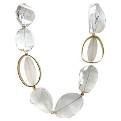 Hand Carved Rock Crystal Quartz Bead Necklace with 18k Yellow Gold Accents