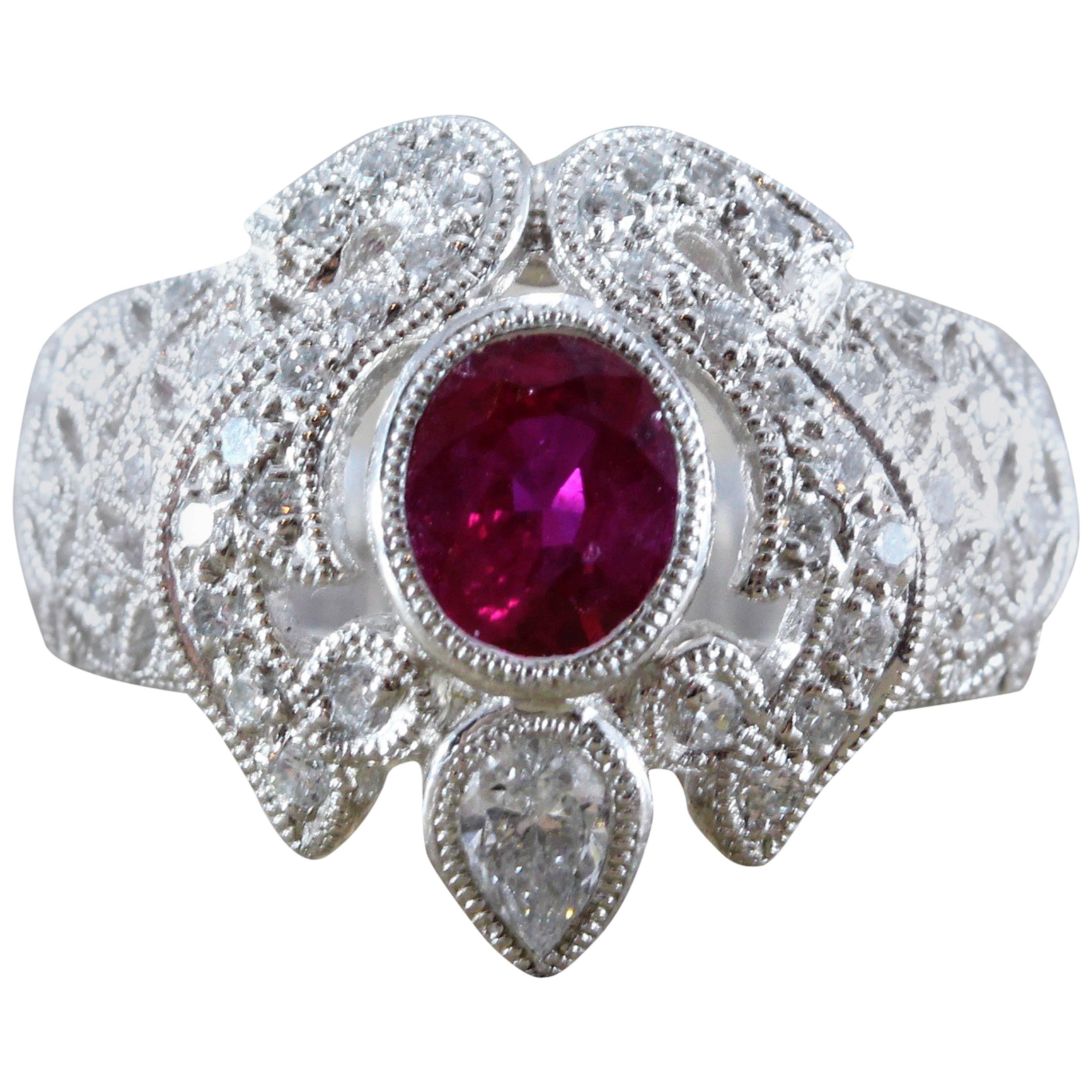 Anello in platino con diamante e rubino in stile antico