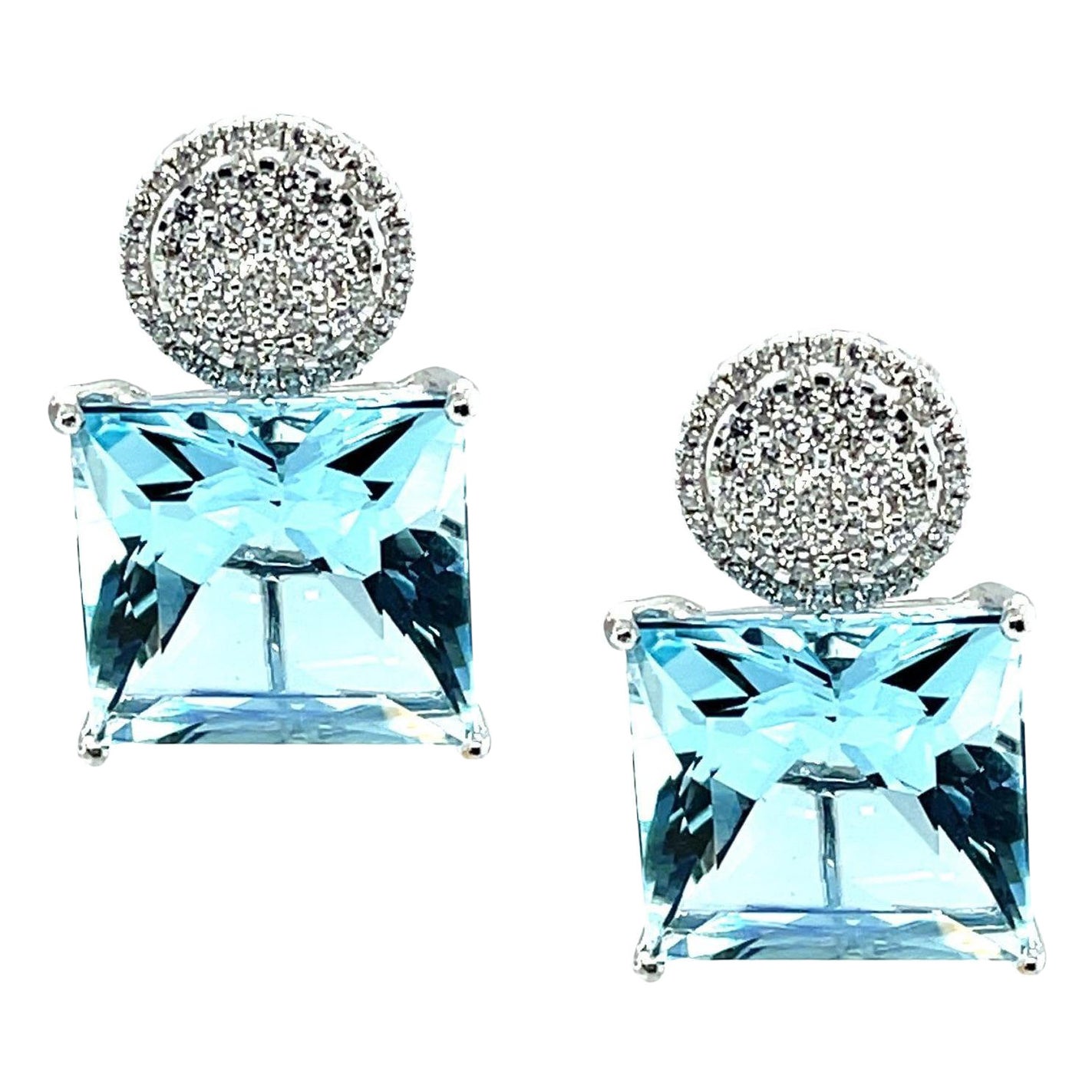 26.00 Carats Total Aquamarine & Diamond Pave Drop Earrings in White Gold For Sale