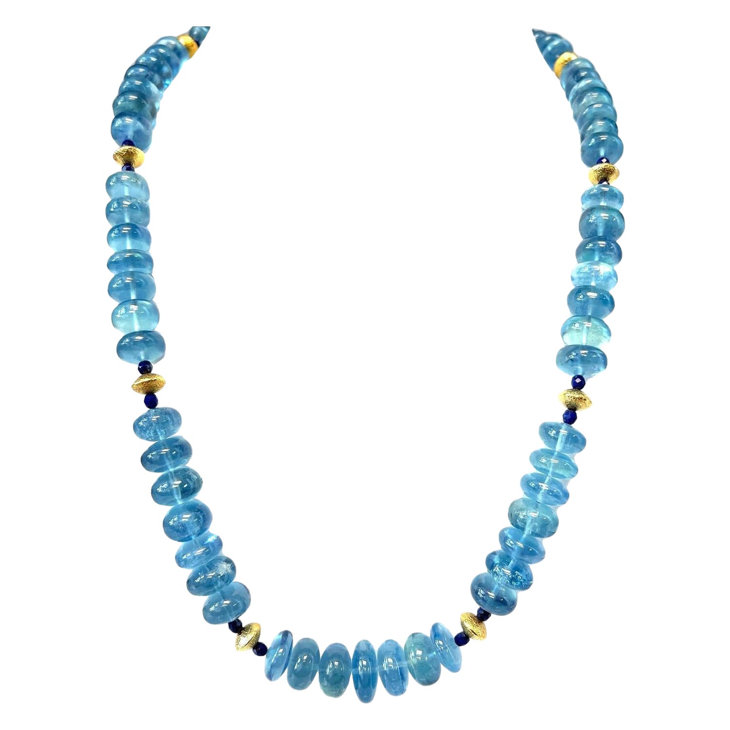 Collar de Cuentas de Aguamarina y Lapislázuli con Detalles de Oro Amarillo, 22 Pulgadas