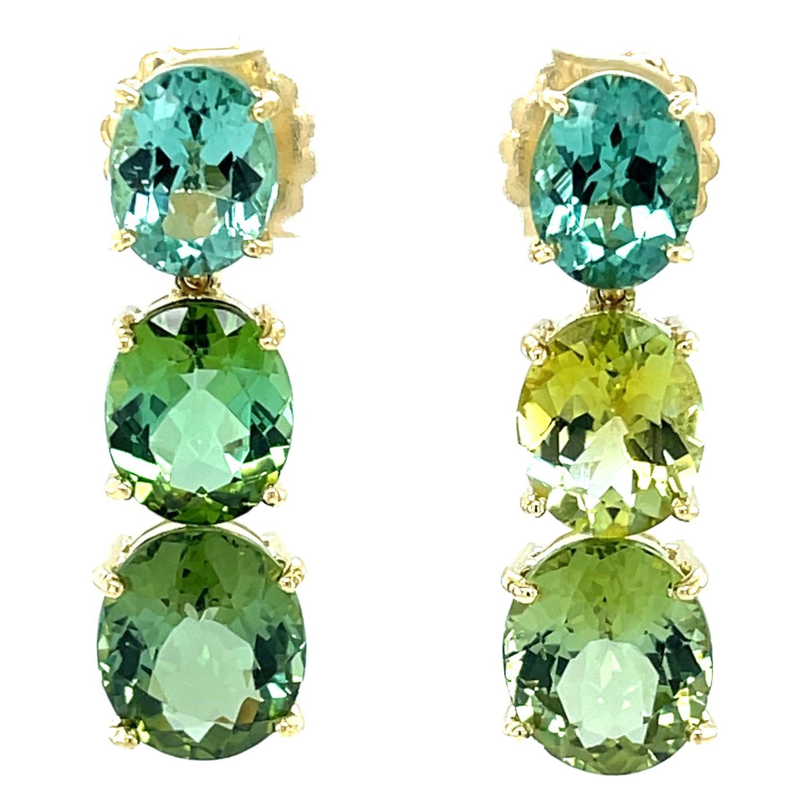Green Multicolored Tourmaline and Yellow Gold Dangle Earrings, 19 Carats Total