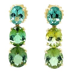 Green Multicolored Tourmaline and Yellow Gold Dangle Earrings, 19 Carats Total