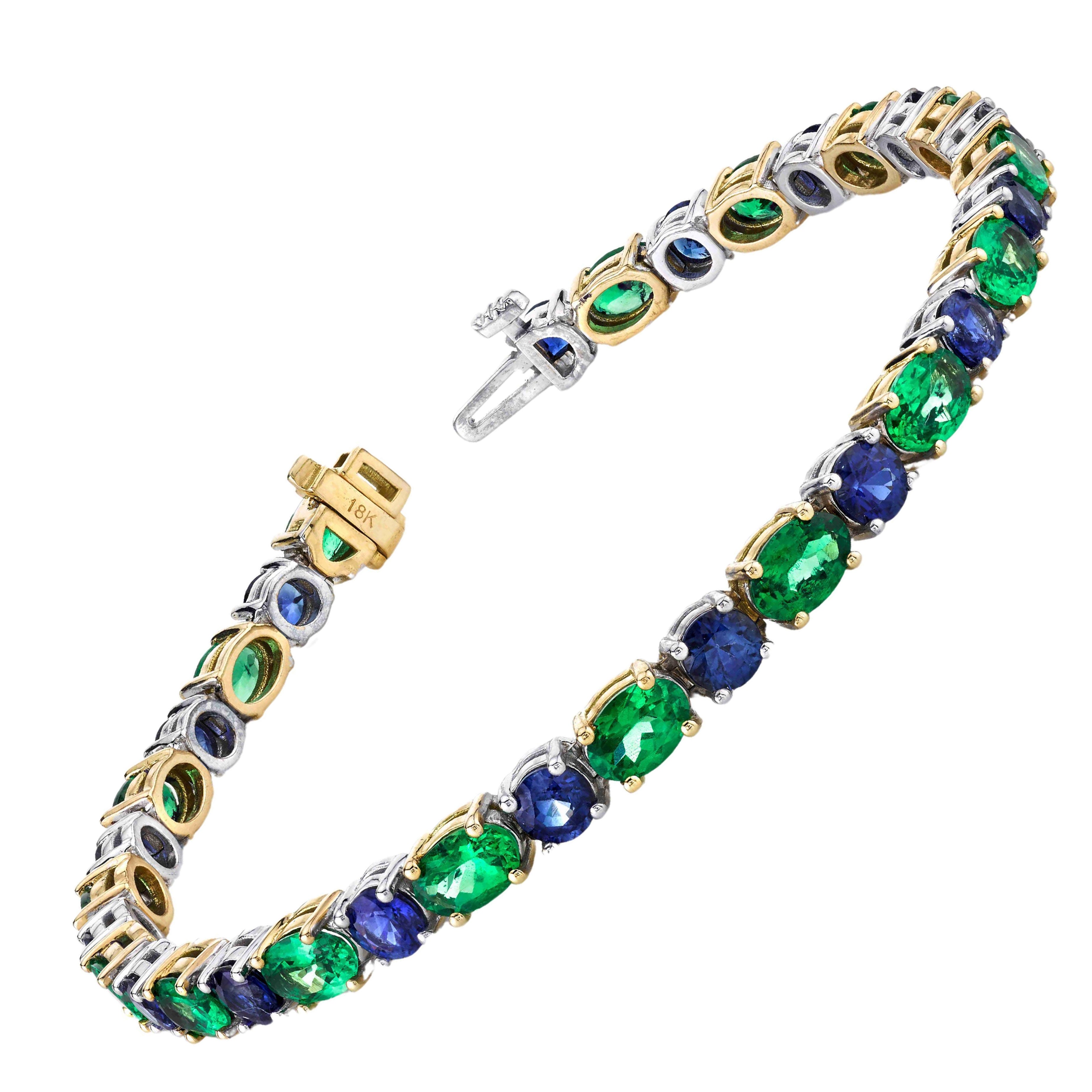 Tsavorite Green Garnet and Blue Sapphire Link Bracelet in 18k Gold
