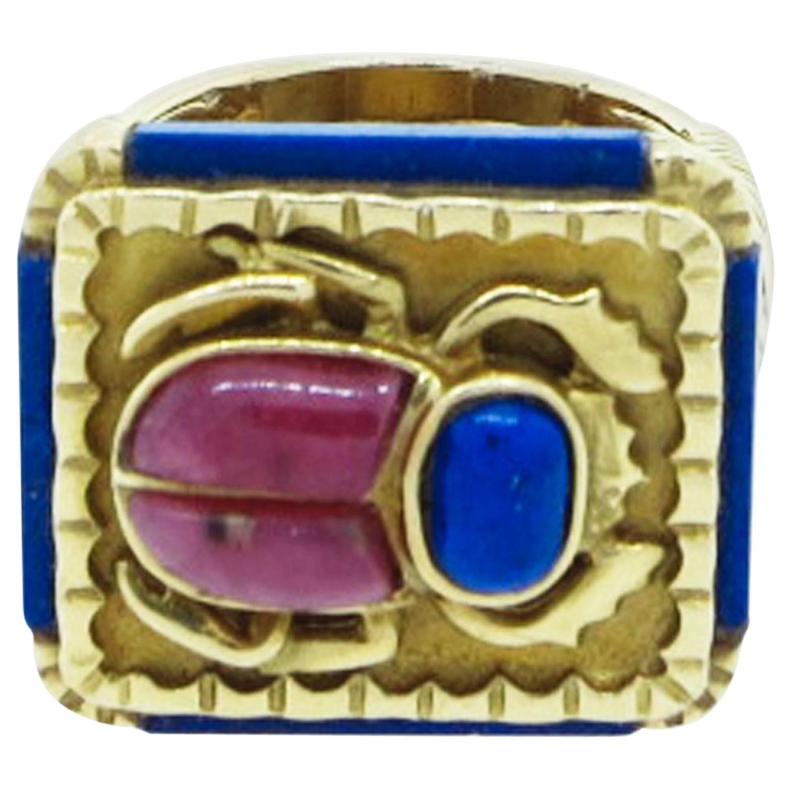  Rhodochrosite and Lapis Lazuli Scarab Gold Ring