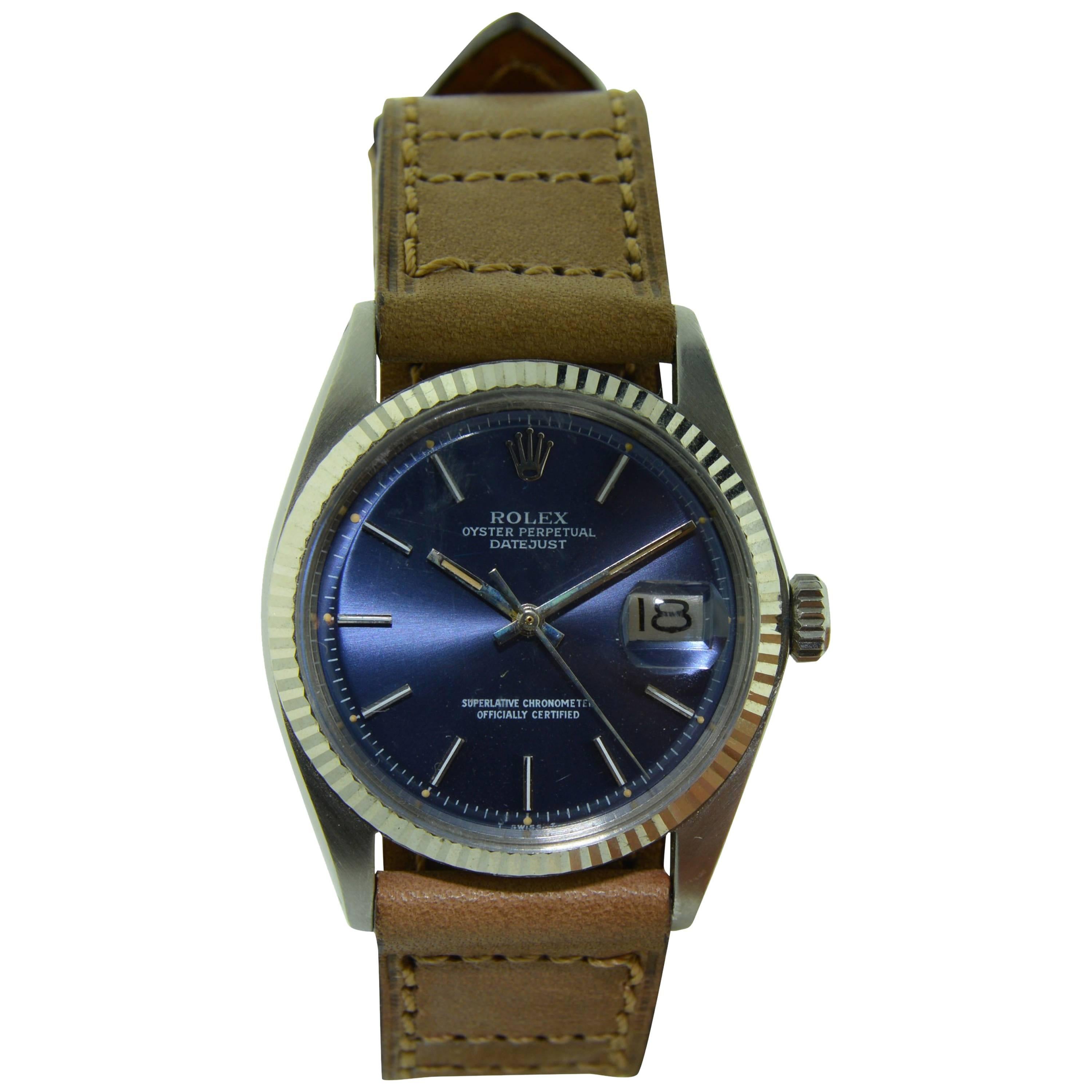 Rolex Stainless Steel Datejust Blue Dial Perpetual Wind Watch, 1970s