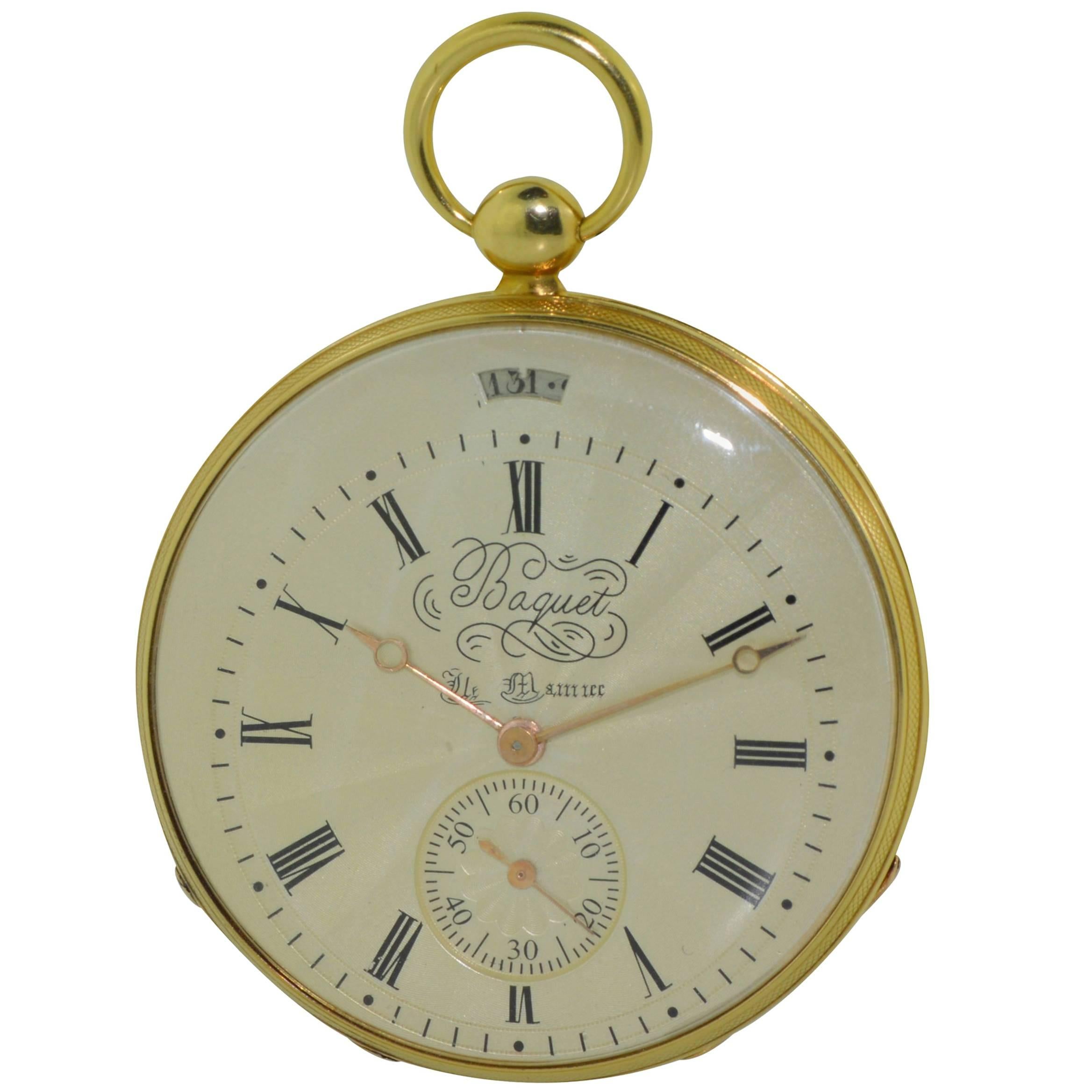 FACTORY / HOUSE: Baquet Keywind Switzerland 
STYLE / REFERENCE: Open Faced Calendar Pocket Watch
METAL / MATERIAL: 18 Kt. Yellow Gold
DIMENSIONS: Diameter 47mm 
CIRCA: 1820's
MOVEMENT / CALIBER: Cylindrical Escapement 
DIAL / HANDS: Breguet Engine