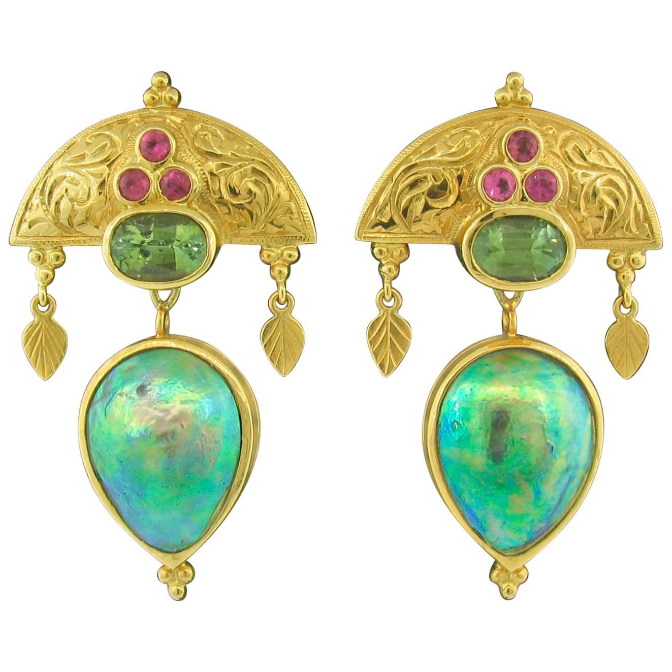 Paula Crevoshay Mabe Pearl, Tourmaline and Sapphire Earrings