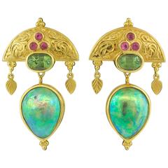 Paula Crevoshay Mabe Pearl, Tourmaline and Sapphire Earrings