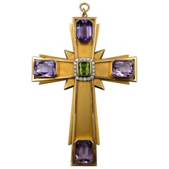 Vintage Birks Canada Large Diamond Peridot Amethyst Gold Locket Compartment Cross