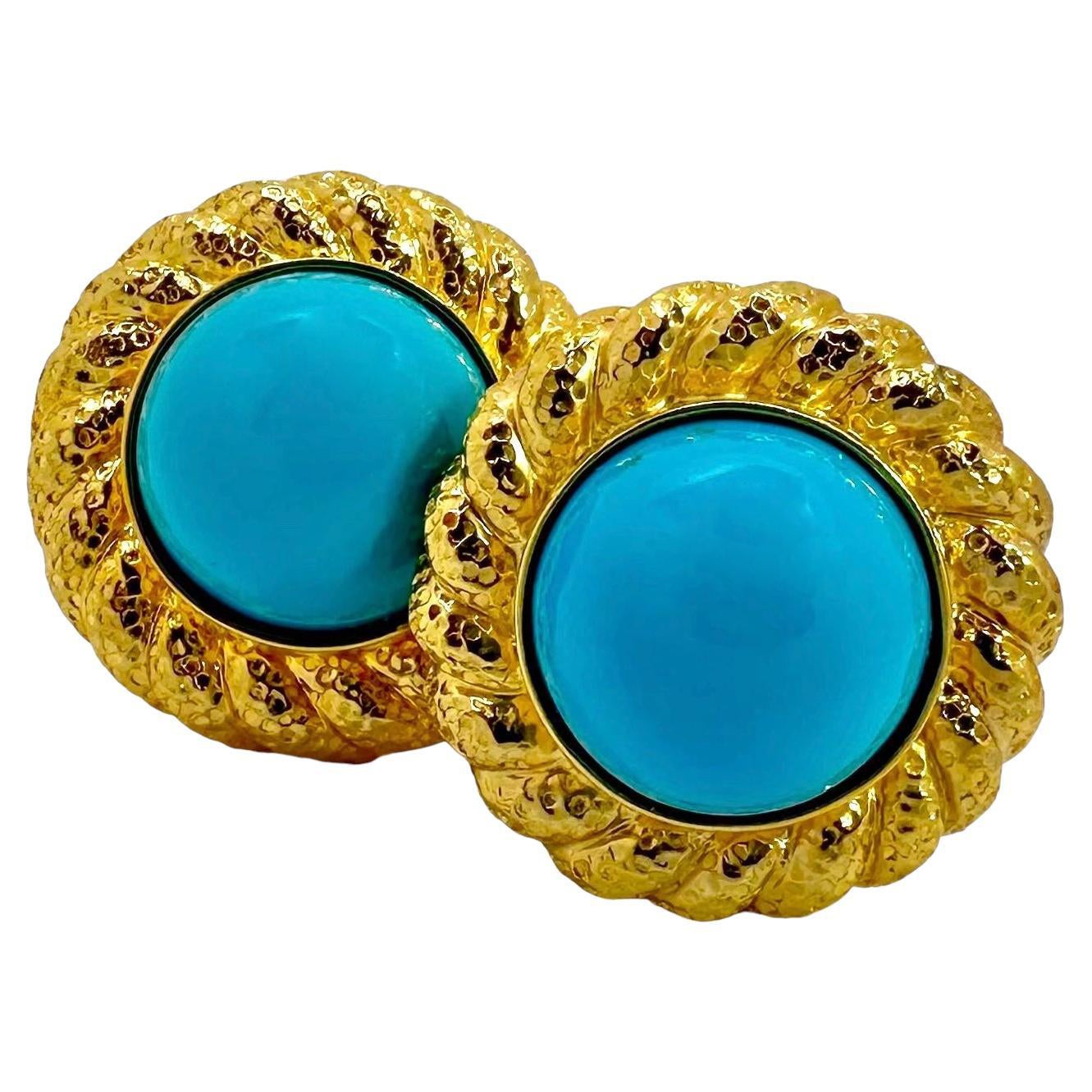 18K Yellow Gold Hammered Rope Edge Earrings with Cabochon Turquoise* Centers