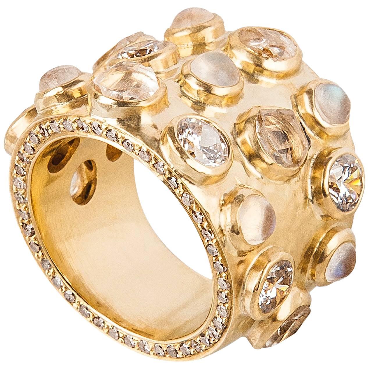 18 Karat Gold Cocktail Ring with Diamonds, Sapphires and Moonstones   For Sale