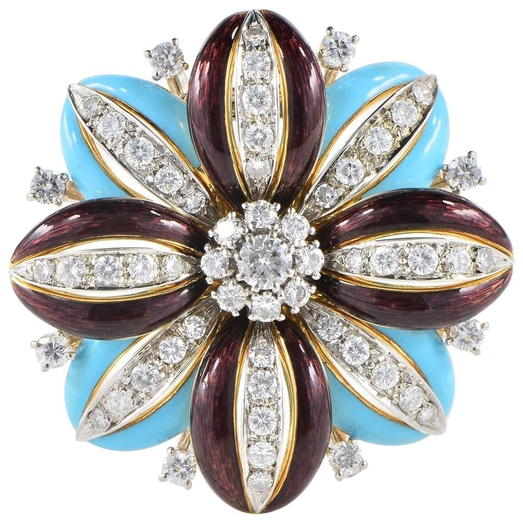 Diamond and Enamels Flower Brooch, circa 1950 For Sale